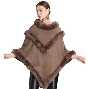 FAUX FUR Trim Brown Luxurious Poncho Shawl Cape NWOT